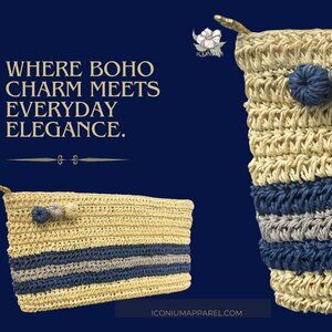 ICONIUM Handwoven Straw Clutch, Crochet Raffia Bag, Summer Beach Purse, Paper Ro